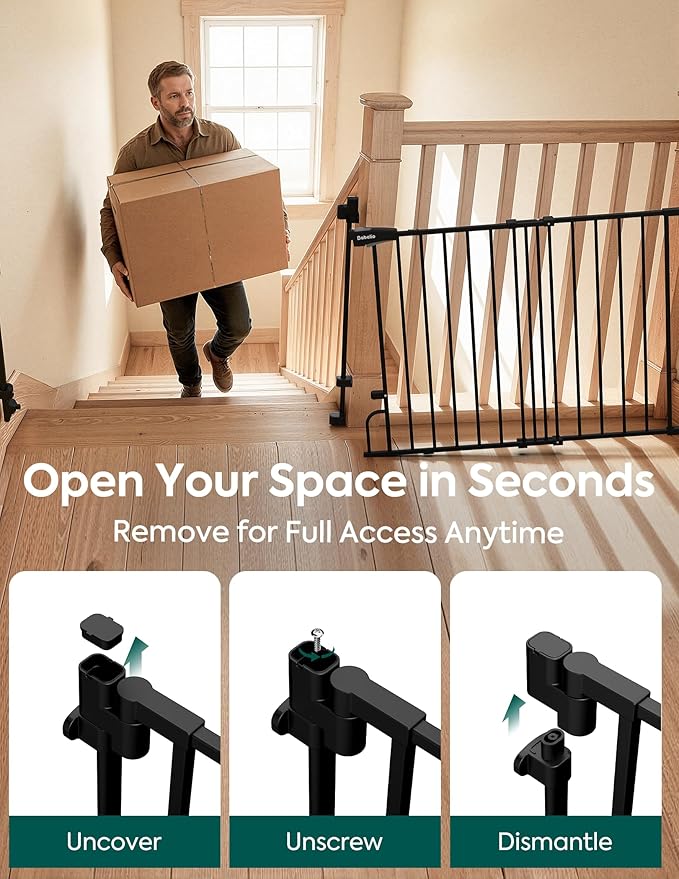 Babelio Removable & No Bottom Bar Baby Gate, 29-43" Hardware Mounted (Drill Needed)| Wide Walk-Thru| Auto-Close Safety Dog/Pet Gate for Stairs & Doorways (Black, 29-43" W, 30" H)