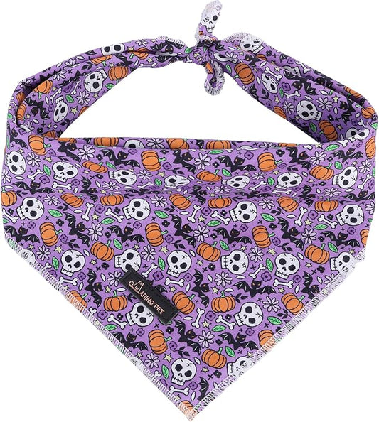 ARING PET Halloween Dog Bandanas, Cotton Purple Pumpkin Ghost Bat Floral Pet Bandanas Cute Triangle Bibs Scarf for Small Medium Large Boy Girl Dogs and Cats-L