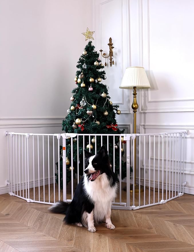 Babelio 104" Extra Wide Baby Gate, 30” Tall Auto Close Dog Fence for Stairs Doorways Fireplace, Hardware Mounted Pet Gate Indoor, Foldable 5 Metal Panels, AdaptiZone Series, White