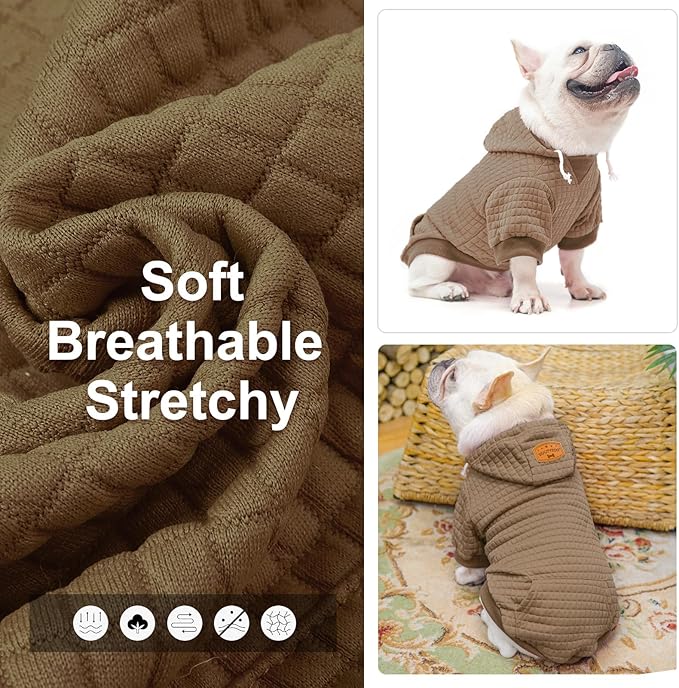 BEAUTYZOO Small Dog Hoodie Sweater with Pockets, Dog Clothes for Small Medium Dogs Boy Girl, Waffle-Like Laminated Cotton Pet Coats with Hat and Leash Hole, Khaki M