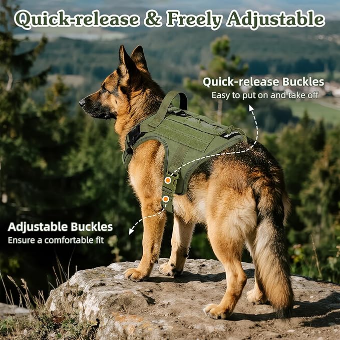 VavoPaw Heavy Duty Tactical Dog Harness for Large Dogs, No Pull Adjustable Pet Harness Reflective Service Training Easy Control Pet Vest Military K9 Working Dog Harnesses, Army Green, L