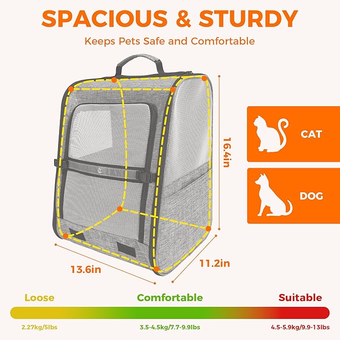 Pet Carrier for Cat - Stable Wide Base Cat Backpack Carrier with Airy Design, Escape-Proof Safety, Night Reflective & Multi-Pocket Storage