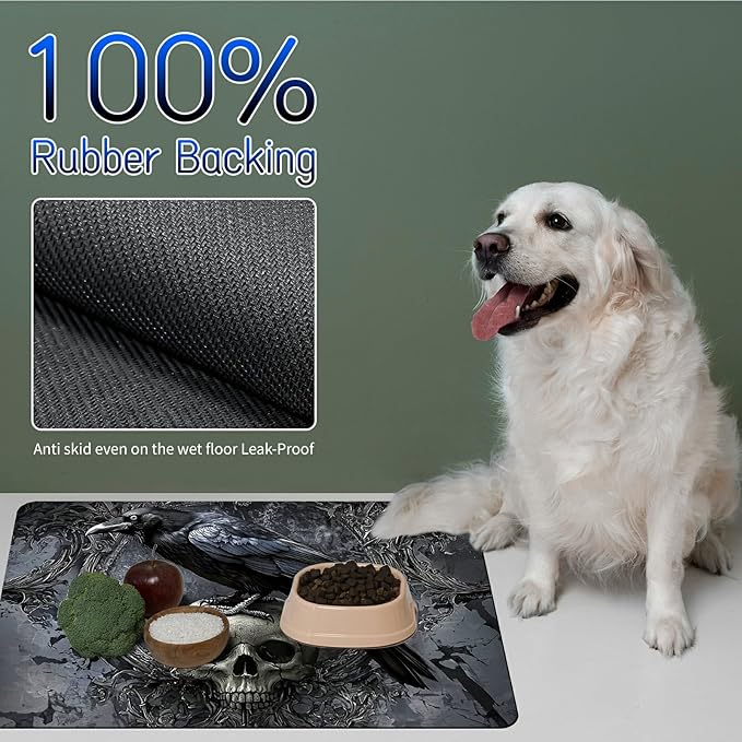 Dog Food Mat, 15.7" x 23.6" Absorbent Pet Feeding Mat for Food and Water, Waterproof Diatom Mud Pet Placemat with Non-Slip Rubber Backing, Easy Clean Cat Bowl Mat for Floors - Gray Eagle Skull