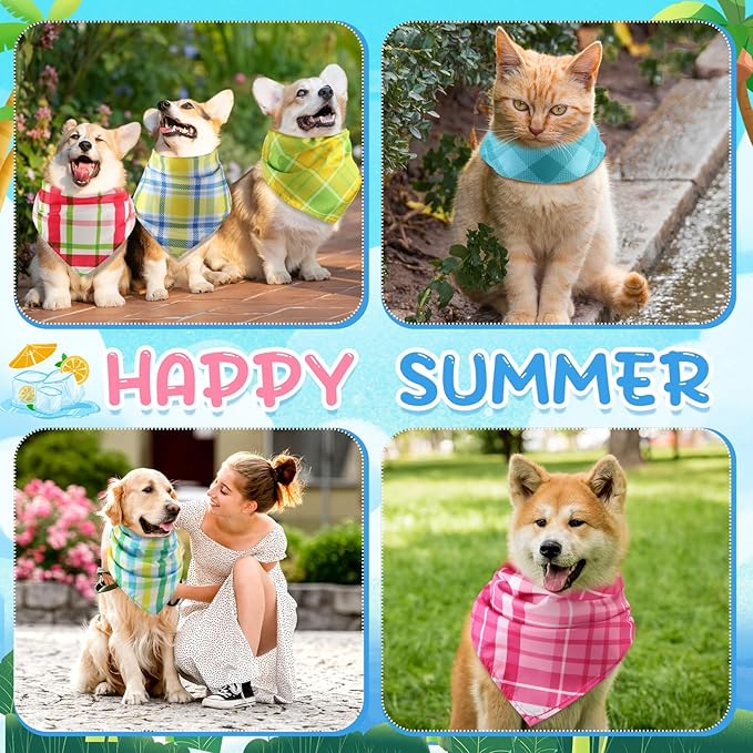 Geyoga 60 Pcs Summer Plaid Dog Bandanas Bulk Hawaiian Pet Scarf Bibs Adjustable Washable Kerchief Seasonal Pet Grooming Supplies for Small to Large Dogs Cats Costume Accessories