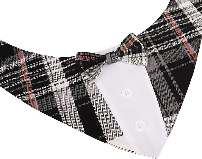 ADOGGYGO Black Dog Tuxedo Bandana, Plaid Bow Tie Collar, Adjustable Black Plaid Wedding Costume for Extra Large Dogs (XL)
