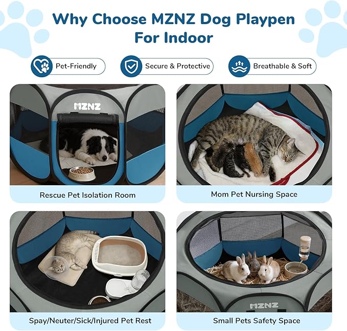 Dog Playpen, Portable Puppy Pet Crate Indoors for Small/Medium/Large Dogs Cats Rabbits, Foldable Dog Cage Enclosure for Outdoor, Pop Up Dogs Tent Kennel with Carrying Case, Grey Blue