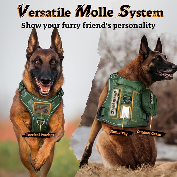 rabbitgoo Tactical Dog Harness for Large Dogs No Pull Adjustable Military Vest with Handle MOLLE Reflective Heavy Duty Dog Vest for Walking Training Hunting Outdoor Working Medium Size Dog Green XL