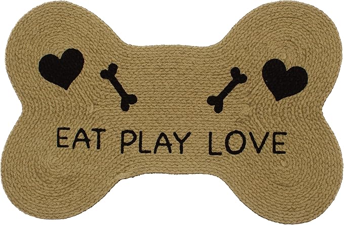 Decorative Dog Feeding Mat/Rug for Bowl Natural Cotton Easy Clean Eat Play Love Bone Shaped 15" x 23" Beige