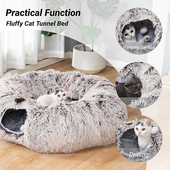 Warm Fluffy Plush Cat Tunnel Bed Under Christmas Tree Big Tube Playground Toys 3 FT Diameter Longer Crinkle Collapsible 3 Way, for Indoor Cat Kitty Kitten Puppy Rabbit Ferret Brown