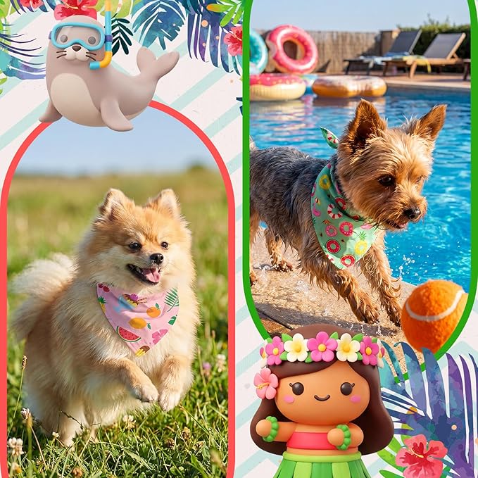 Weewooday 50 Pcs Summer Bandanas Bulk for Dogs Kerchief Bibs Scarves with Beach, Fruit, Hawaii Ice Cream Luau Aloha Pool for Small Medium Large Grooming Accessories(19.7 x 13.8 x 13.8 Inch)