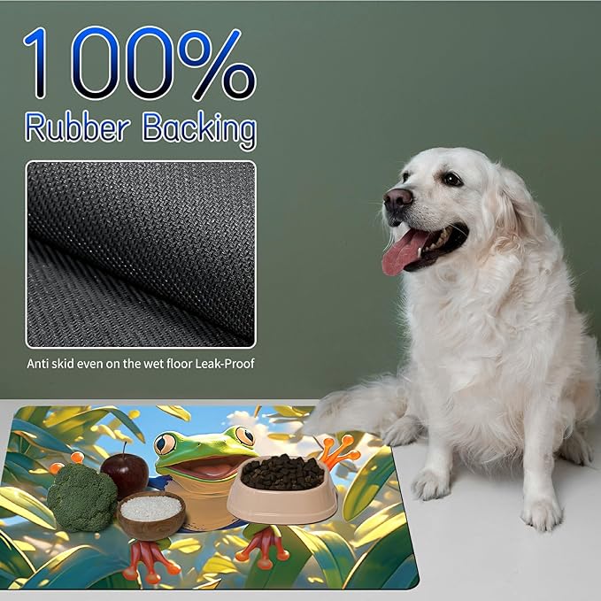 Dog Food Mat, 19.6" x 23.6" Absorbent Pet Feeding Mat for Food and Water, Waterproof Diatom Mud Pet Placemat with Non-Slip Rubber Backing, Easy Clean Cat Bowl Mat for Floors - Frog Green Leaf