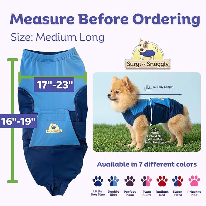 Surgi Snuggly Dog Surgery Recovery Suit – Dog Onesie for Post Surgery Recovery, Female Spay & Male Neuter – Surgical Suit for Dogs, E-Collar Cone Alternative, Double Blue - Medium Long, 16" - 19" (EC)