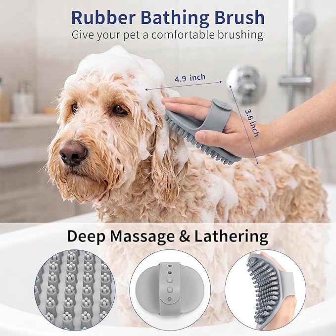 Dog Brush Grooming Kit 5 PCS - Self Cleaning Slicker Brush for Shedding Short Long Haired Dogs & Cats, Includes Pet Comb, Flea Comb, Bath Brush, Undercoat Rake - Complete Fur Care Set - Gray