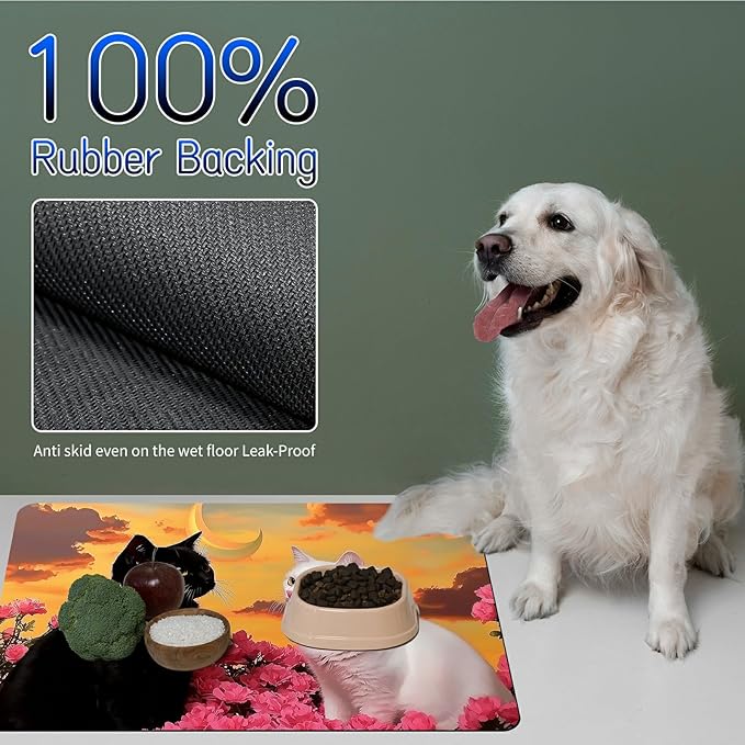 Dog Food Mat, 15.7" x 23.6" Absorbent Pet Feeding Mat for Food and Water, Waterproof Diatom Mud Pet Placemat with Non-Slip Rubber Backing, Cat Bowl Mat for Floors - Rose White Black Cat