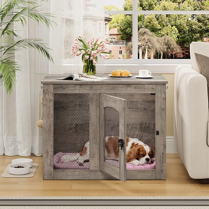 CHOEZON Wooden 30.1" Dog Crate Furniture, Farmhouse Pet Cage End Table with Secure Lock, Ventilated Mesh for Medium Dogs, Dog Kennel Furniture for Living Room, Bedroom, Greige MGW02FH