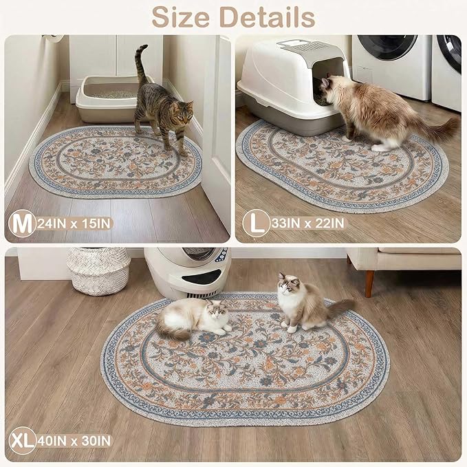 Bienbee Cat Litter Mat, 24" x 15" Litter Box Mat Rug with Non-Slip Bottom,Urine and Water Proof, Easy to Clean Cat Supplies Essentials for Indoor Kitty Kitten Floor, White Flowers M