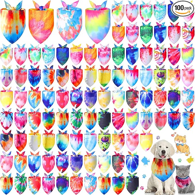 Sweetude 100 Pcs Tie Dye Dog Bandanas Bulk Pet Triangle Scarf Bibs Washable Puppy Kerchief Adjustable Grooming Supplies for Small Medium Large Dog Cat Costume Accessories