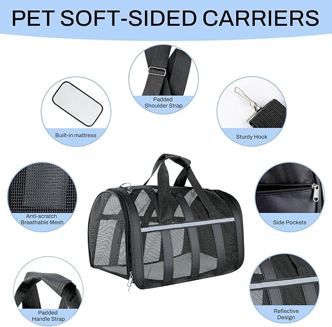 Soft Sided Pet Carrier, Airline Approved Dog Cat Travel Bag with Mesh Windows, Collapsible Portable Pet Carrier for Small Medium Dogs Cats (Black)