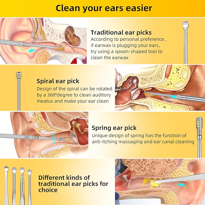 9 Pcs Ear Pick Earwax Removal Kit, Ear Cleansing Tool Set, Ear Wax Removal Tool, Ear Curette Ear Wax Remover Tool with a Cleaning Brush and Storage Box, Medical Grade, for Children and Adults,Silver