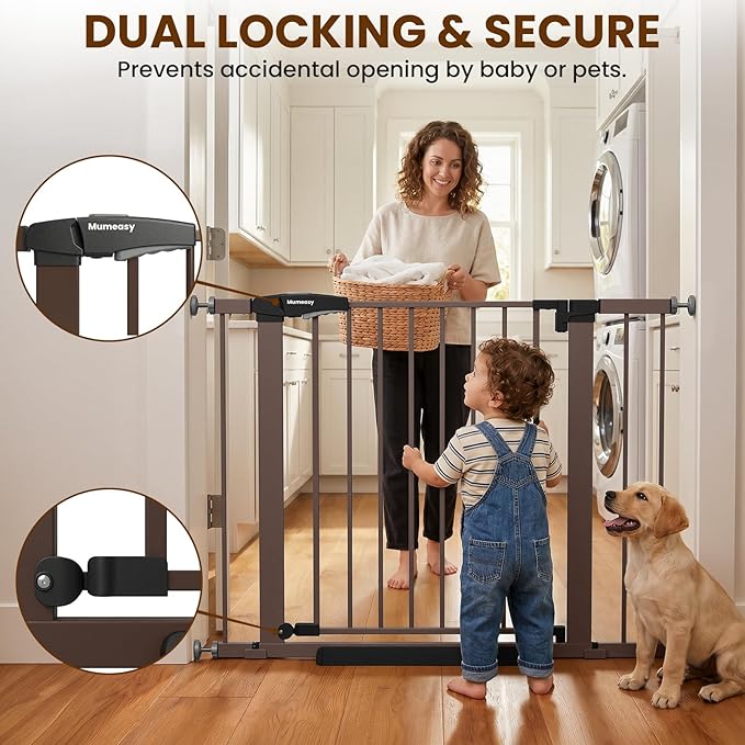 Baby Gate for Stairs, 29.7-40.6" Auto Close Dog Gate Indoor for Doorways, Dual-Lock Design, Extra Wide Pet Gate No Drilling with Walk Thru Door for Hallways, Stroller Friendly, Brown