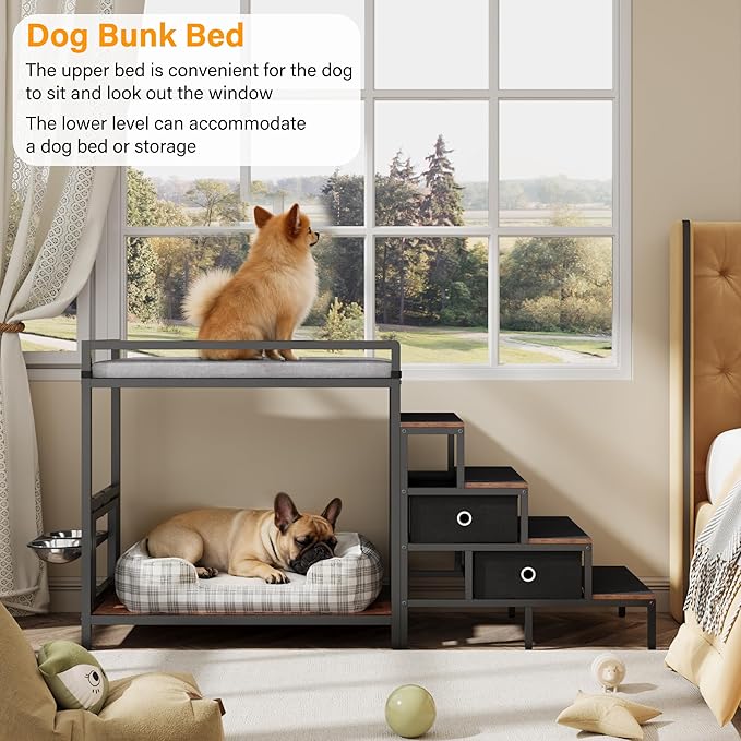 kepptory Dog Window Perch with 360° & Adjustable Raised Feeder, Pet Stairs Ramp with Seat with Stairs and Storage, Pet Bunk Bed with Small Pet Step