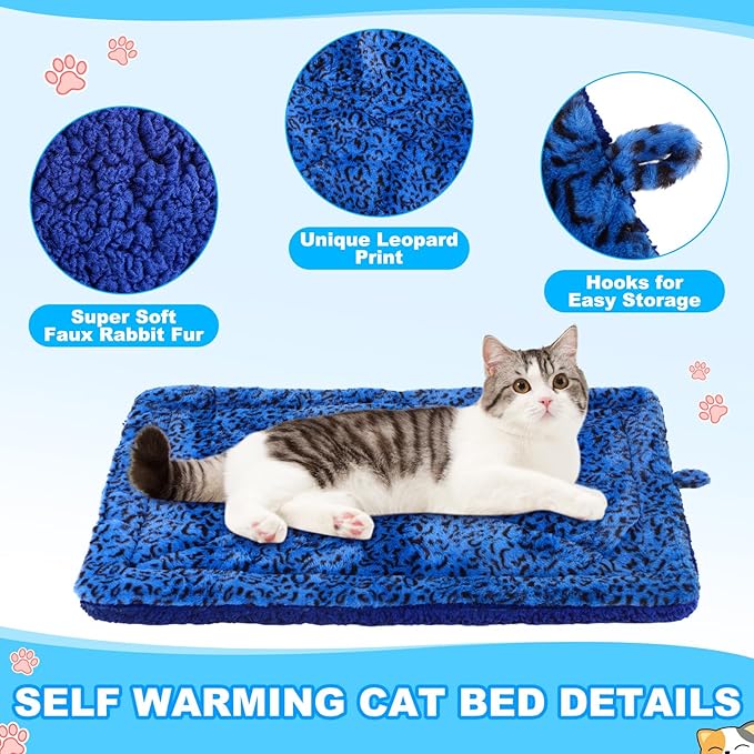 Riakrum 4 Pack Self Warming Cat Bed Mats Leopard Print Cat Dog Thermal Blanket Double Sided Self Heating Pet Pad with Storage Bags for Pet Winter Outdoor Indoor Supplies, Non Electric(L)