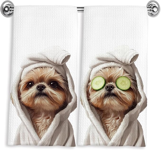 Funny Shih Tzu Hand Towels for Bathroom Powder Room Spa Decor 16x24 Inches, Shih Tzu Gifts for Women, Funny Bathrobe Dog Bathroom Towels Decorative, Set of 2