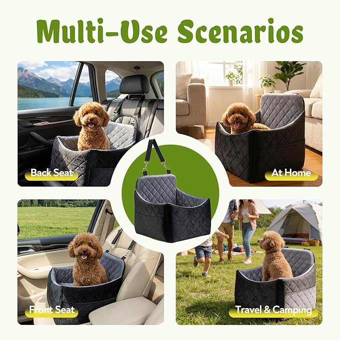 Dog Car Seat for Small/Medium Dogs, Dog Booster Car Seats with Thick Cushion for Dogs Under 32lbs, Detachable Washable Cover, 2 Safety Belts & Storage Pockets