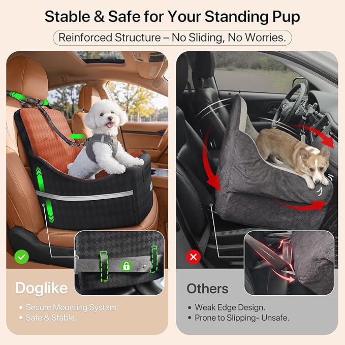 Doglike Dog Car Seat for Small Dogs [2026 Ultimate Comfort & Safety], 5" Memory Foam Pet Booster Seats Up to 35 lbs with Detachable Washable Cover, Travel-Safe Car Bed with Puppy Safety Belt, Brown