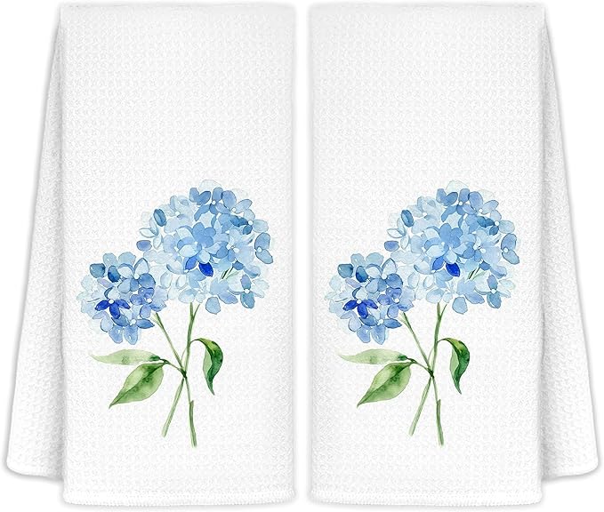 Light Blue Hydrangea Flowers Floral Kitchen Towels Set of 2 - Flowers Decorative Hand Towels for Bathroom, Light Blue Hydrangea Decor Dish Towels for Kitchen, Floral Hand Towels, 16x24 in