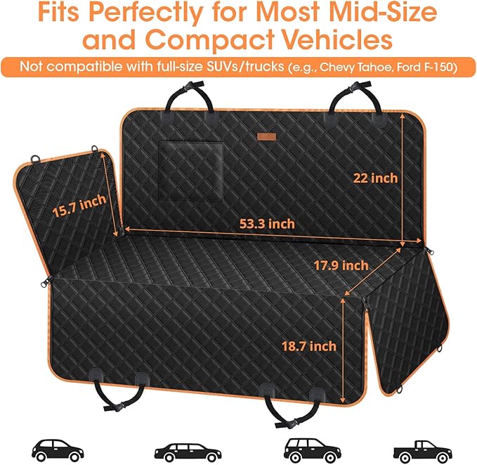 Dog Car Seat Cover for Back Seat, 100% Waterproof Heavy Duty Pet Seat Cover Hammock with Side Flaps, Nonslip Scratchproof Car Seat Protector for Cars and SUVs (Black)