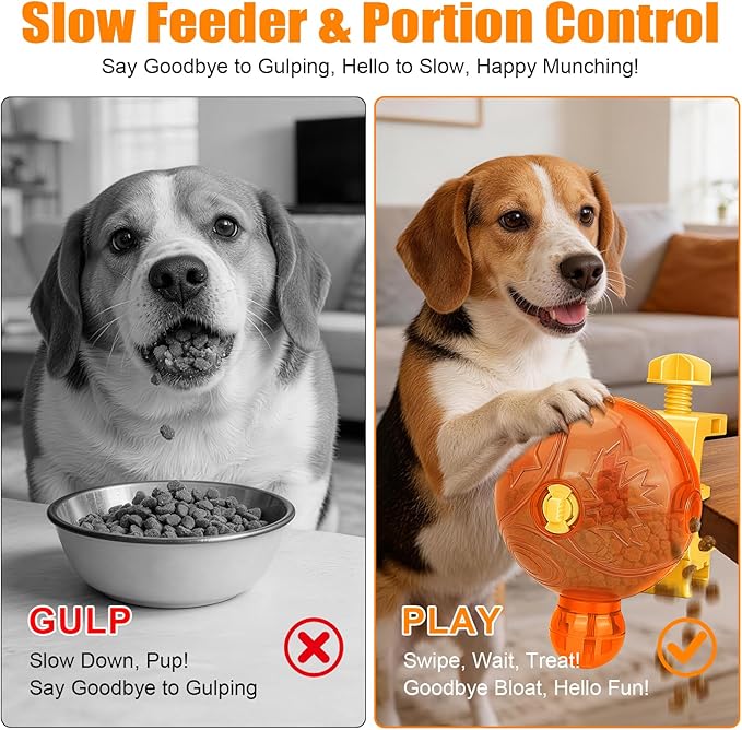 Cat Slow Feeder Puzzle Toy with Clamp Mount, Interactive Spinning Ball Treat Dispenser, Adjustable Feeding Openings for Dry Food, Enrichment Food Dispenser for Indoor/Outdoor, Cats/Small Dogs