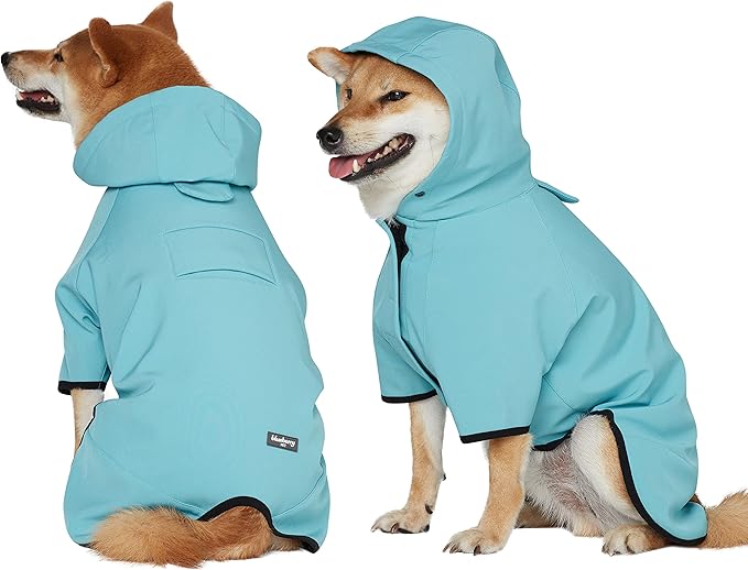 Blueberry Pet 2023 New 20" Waterproof Dog Softshell Jacket, Hooded Raincoat and Windbreaker with Leash & Harness Hole, Blue Turquoise, Outdoor Rain Gear for Dogs
