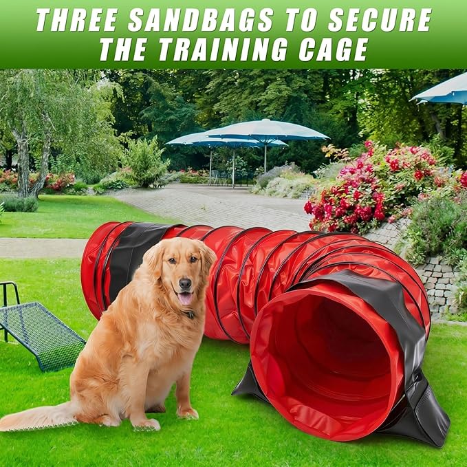 Briwooody 24 in 10 Foot PVC Dog Agility Tunnel with Sandbags Dogs Agility Training Equipment Tunnel with 2 Pack Sandbags, Carry Bag and 4 Ground Spikes for All Medium Large Dogs(Red)