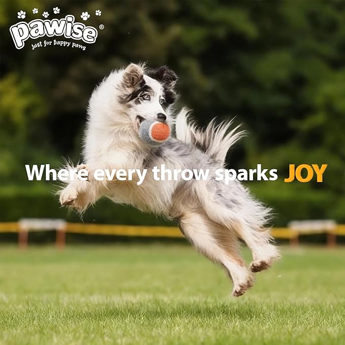 PAWISE Dog Ball Launcher for Small & Medium Dogs, 12.2" Dogs Fetch Toy with Tennis Ball + 3-Pack Squeaky Tennis Balls, Portable Hands-Free Pick-Up Thrower for Indoor & Outdoor Play