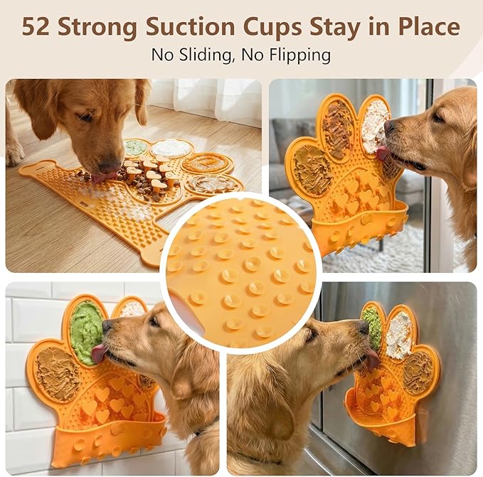 Dog Lick Mat with Suction Cups, Slow Feeder & Enrichment Mat for Dogs & Cats, Silicone Feeding Mat for Wet & Dry Food, Anxiety Relief, Mess-Free Foldable Pocket Design, Orange