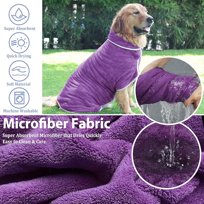 Dog Bathrobe Towel Dog Drying Coat - Super Absorbent Towels Bath Robe for Dogs Large, Soft Adjustable Collar & Belly Strap Fast Drying Coat Pet Cat Bath Robe (Violet, XX-Large)