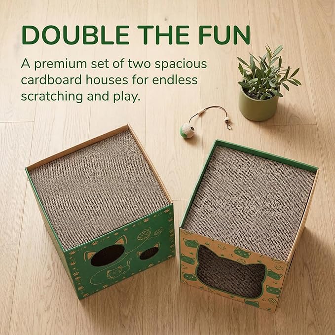 Pumtus 2 Pack Cardboard Cat Houses, Cat Play House with 2 PCS Scratching Pad, Corrugated Kitten Hideaway Cave, Cute Cats Condos Box, Cat Scratching Toy, Scratcher Bed for Indoor Cats, Kittens, Bunny