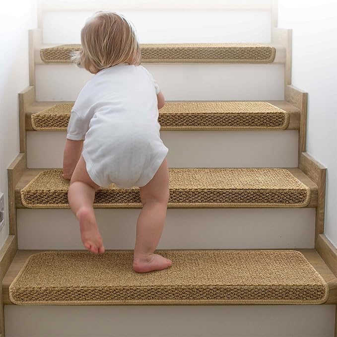 Brakki Bullnose Carpet Stair Treads, Non Slip Stair Treads for Wooden Steps Indoor Runner, Soft Rugs for Pets, Edging Protectors, Washable, 29.5"x9.5"x1.5" 7pcs, Beige