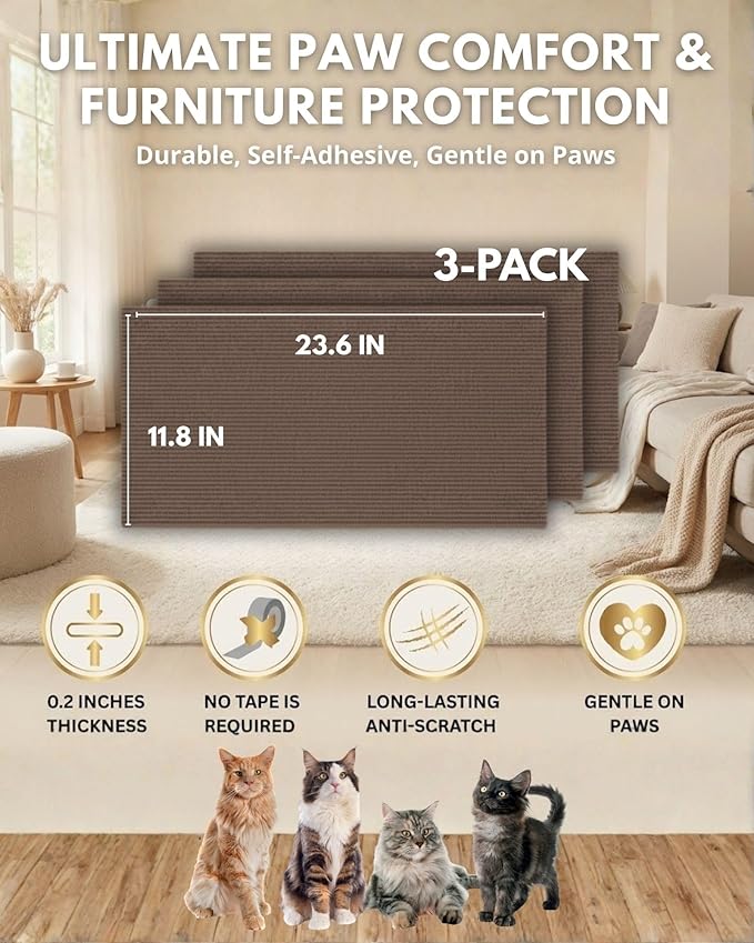 Corner & Wall Cat Scratch Mat, Self-Adhesive Trimmable Cat Scratcher, Wall Mounted Scratching Pad for Indoor Cats, Sofa Furniture Protector, Cat Post Cover Replacement (Brown, 23.6''x11.8'', 3-Pack)