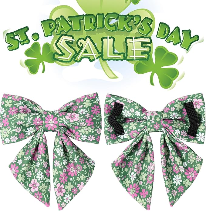 St. Patrick's Day Dog Collar with Bow Tie, Cotton St. Patrick's Day Bowtie Collar for Girl Boy Dog, Lucky Shamrock Dog Collar with Metal Buckle, Spring, L