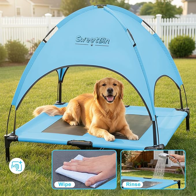 S/M/L Outdoor Elevated Dog Cot with Canopy & Side Shade for Camping Small Medium Dogs (Carry Bag), Portable Cooling Raised Dog Bed