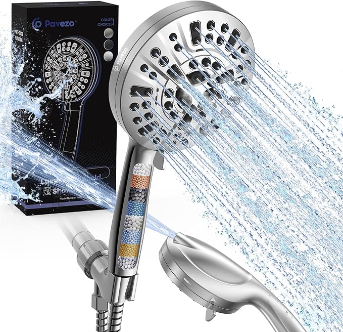 Pavezo® High Pressure Shower Head Handheld 5" Large, Extra Long 60" SS Hose 10-mode Portable Detachable Shower Head with Hard Water Filter, Anti-clog & Powerful to Clean Tile & Pets, Chrome