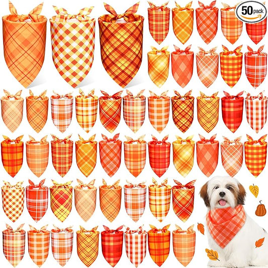 Abbylike 50 Pcs Orange Plaid Dog Bandanas Bulk Check Pattern Bandanas for Dogs Triangle Kerchief Bib Scarf Set for Pet Party Costume Photo Props Accessories Pet Shops, 25 Styles(19.7 x 13.8 x 13.8)