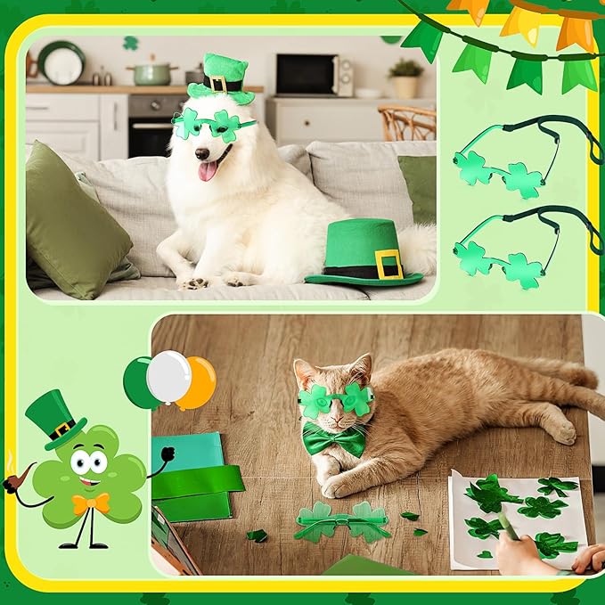 St. Patrick's Day Dog Sunglasses with Adjustable Strap, Green Shamrock Pet Glasses Accessory for Medium Large Dogs Cats, Irish Festival Parade Costume & Photo Prop(General)