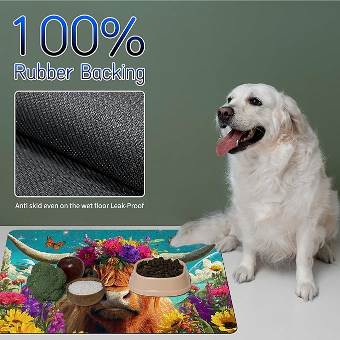 Dog Food Mat, 15.7" x 23.6" Absorbent Pet Feeding Mat for Food and Water, Waterproof Diatom Mud Pet Placemat with Non-Slip Rubber Backing, Cat Bowl Mat for Floors - Rainbow Flower Bull
