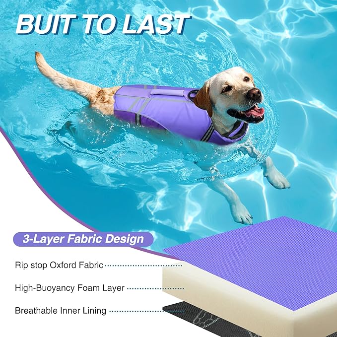 VIVAGLORY Sports Style Dog Life Vest, Dog Life Jacket for Swimming & Boating, Ripstop & Buoyancy for Puppy Doggy, Lifejacket with Handle, L, Purple