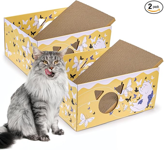 Tlence 2 Pack Cardboard Cat Scratcher Box, Butterfly Pattern Cat Hideaway House with Double-Sided Scratch Pads, 16.5 Inch Heavy Duty Large Cat Bed Lounger for Indoor Cats