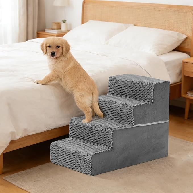 4-Step Dog Stairs for Large Dogs and Cats, 18in H Dog Steps for Couch, Sofa, Chair, Durable Non-Slip Sturdy Pet Steps, Pet Ramp for High Bed Indoor, Grey