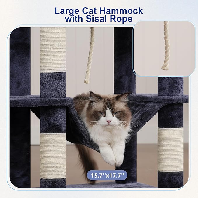 Gitelsnour Tall Cat Tree, Large Cat Tower for Adult Cats, 80.7'' (205cm) Heavy-Duty Cat Tree House for Indoor Cats 20 lbs+ with Scratching Posts, 2 Top Perches/Condos, Hammcok, Smoky Gray GCT034G